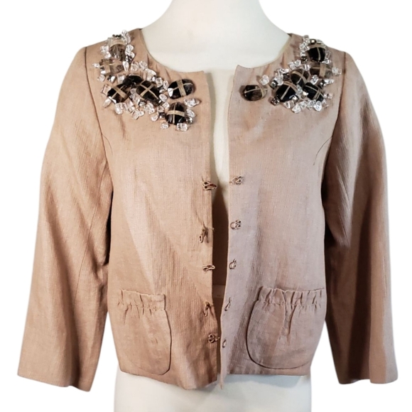 ROBERT RODRIGUEZ Jacket Womens 6 Tan Linen Cropped Mod Embellished Luxe Blazer - Picture 1 of 13
